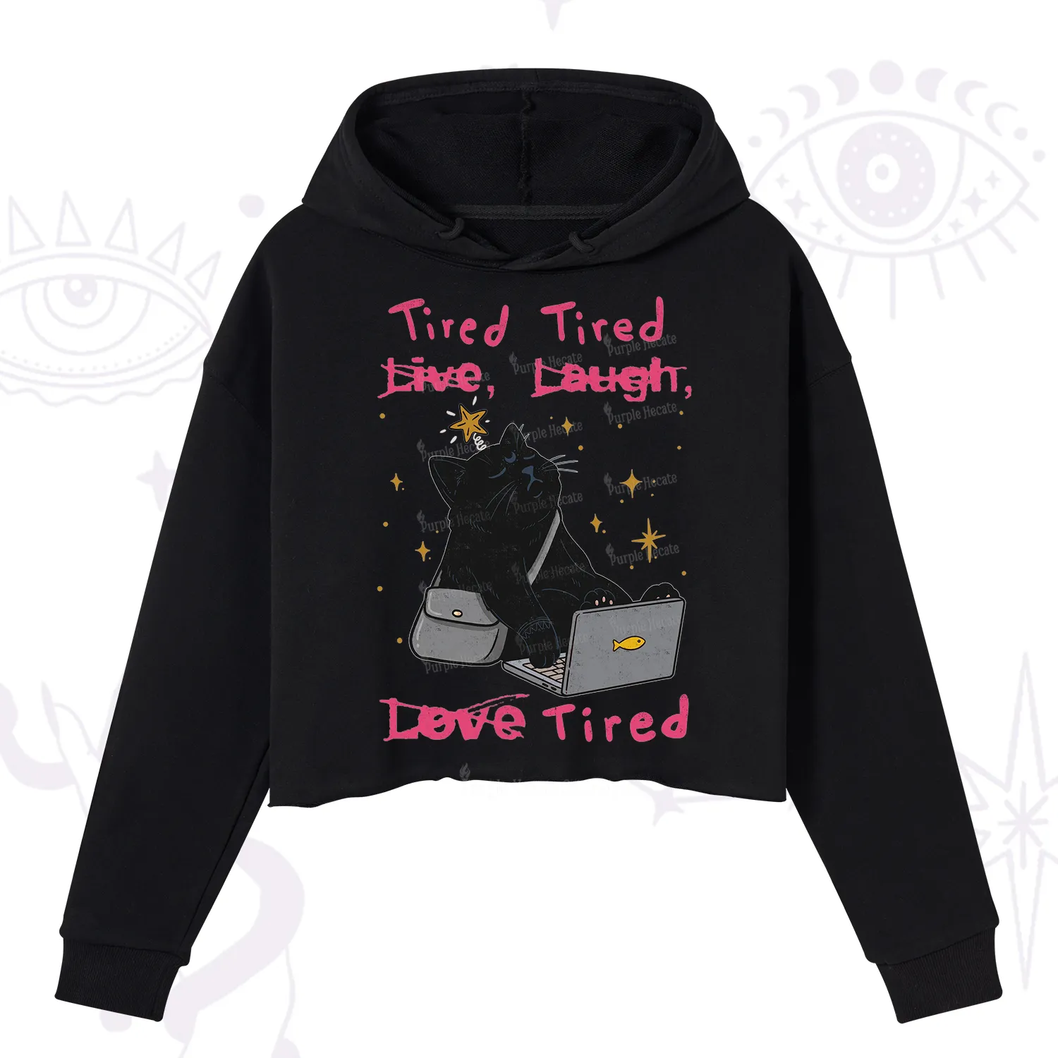 Purplehecate Tired Cat Crop Hoodie