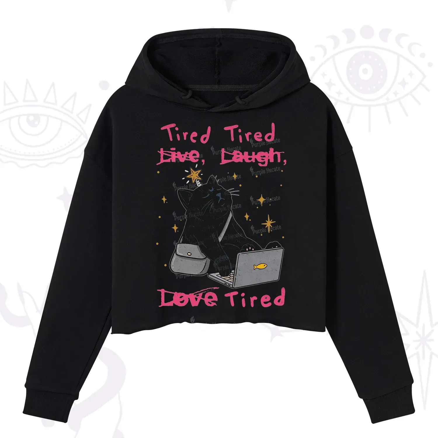 Purplehecate Tired Cat Crop Hoodie