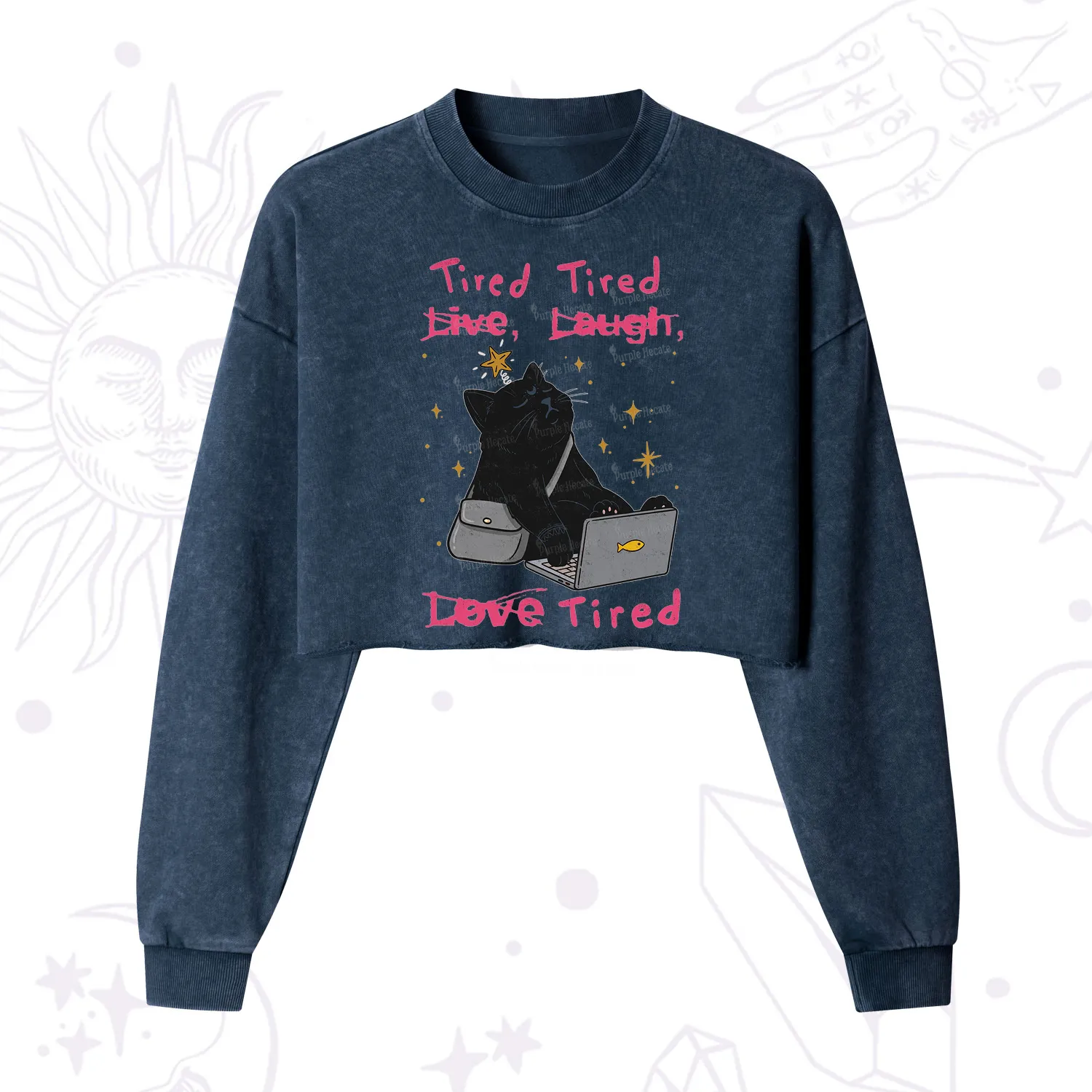 Purplehecate Tired Cat Cropped Washed Sweatshirt