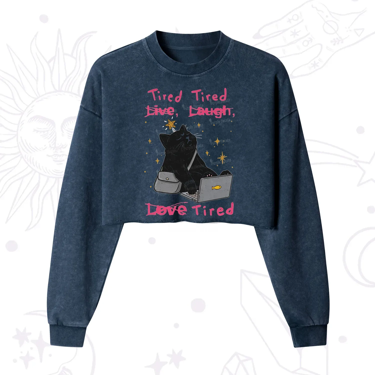 Purplehecate Tired Cat Cropped Washed Sweatshirt