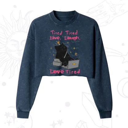 Purplehecate Tired Cat Cropped Washed Sweatshirt