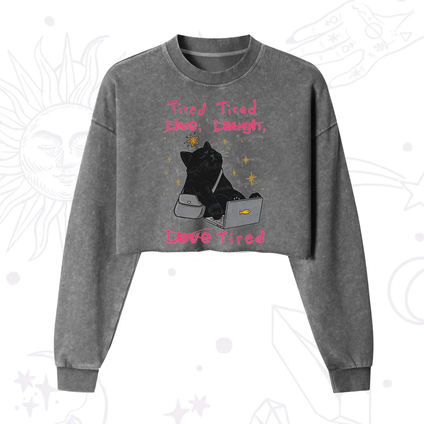 Purplehecate Tired Cat Cropped Washed Sweatshirt