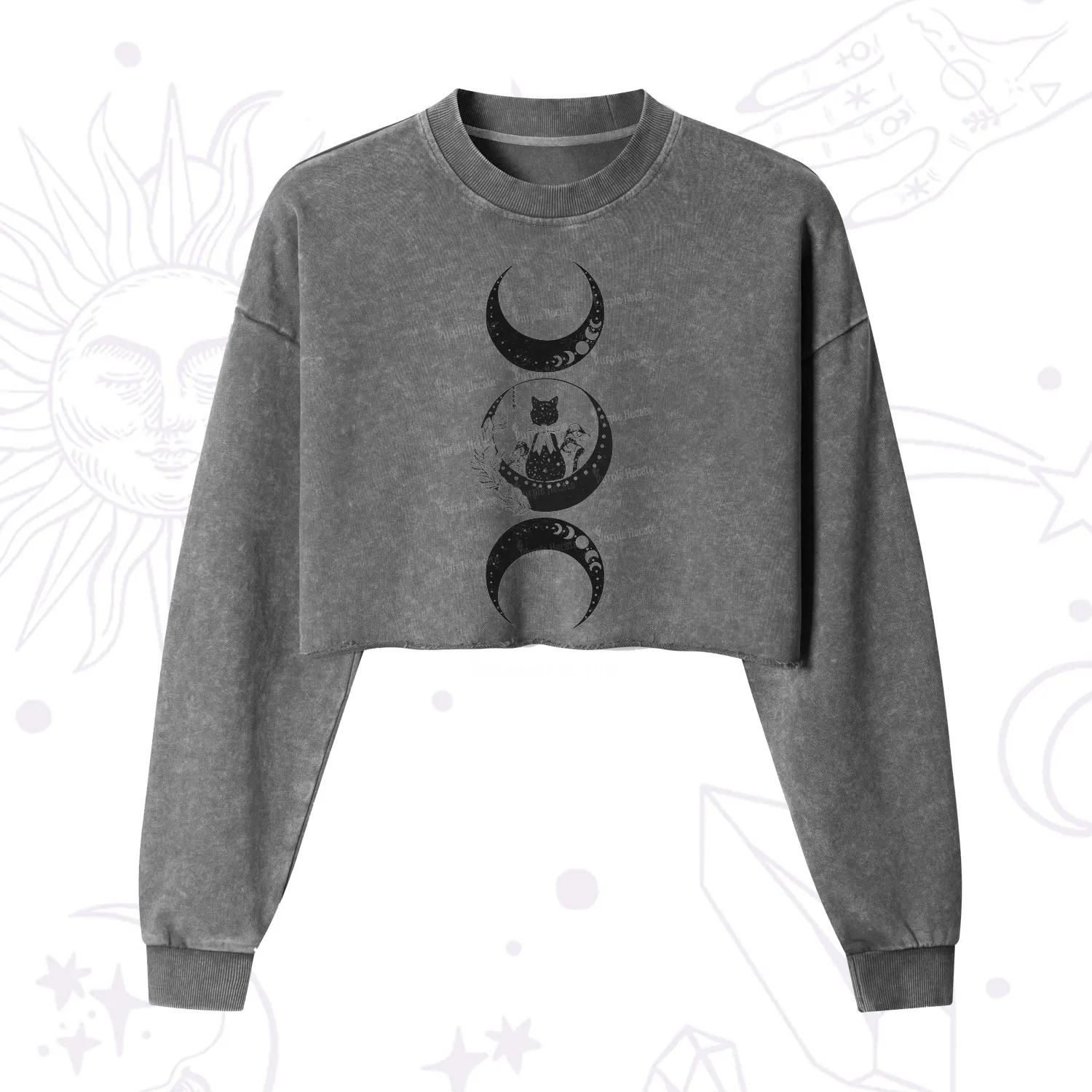 Purplehecate Cat And Moon Phases Cropped Washed Sweatshirt