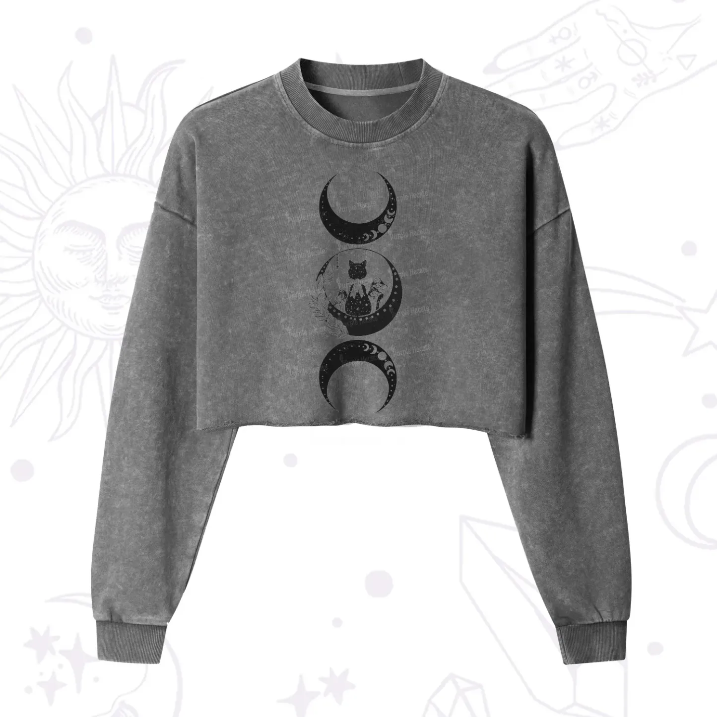 Purplehecate Cat And Moon Phases Cropped Washed Sweatshirt