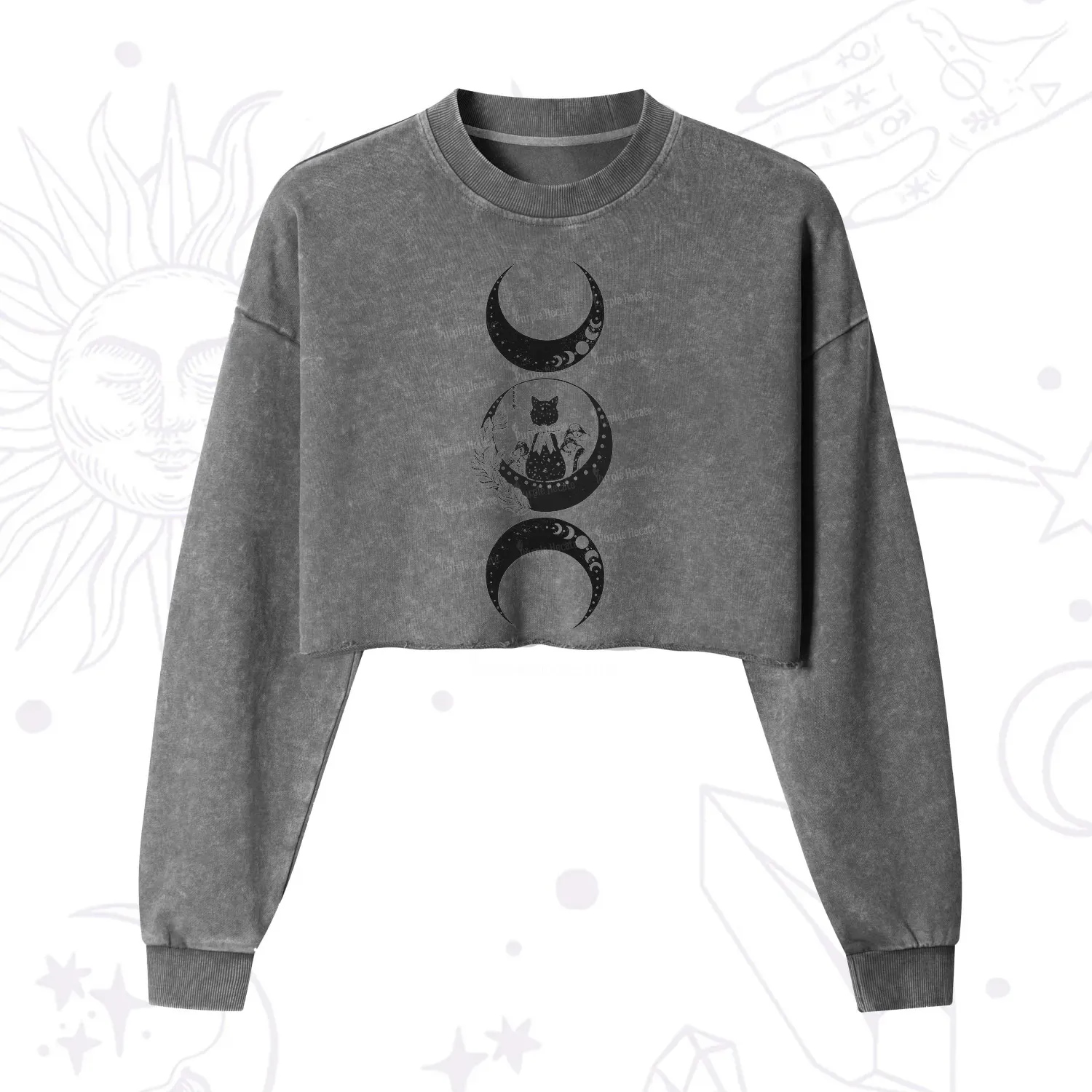 Purplehecate Cat And Moon Phases Cropped Washed Sweatshirt