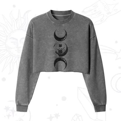 Purplehecate Cat And Moon Phases Cropped Washed Sweatshirt