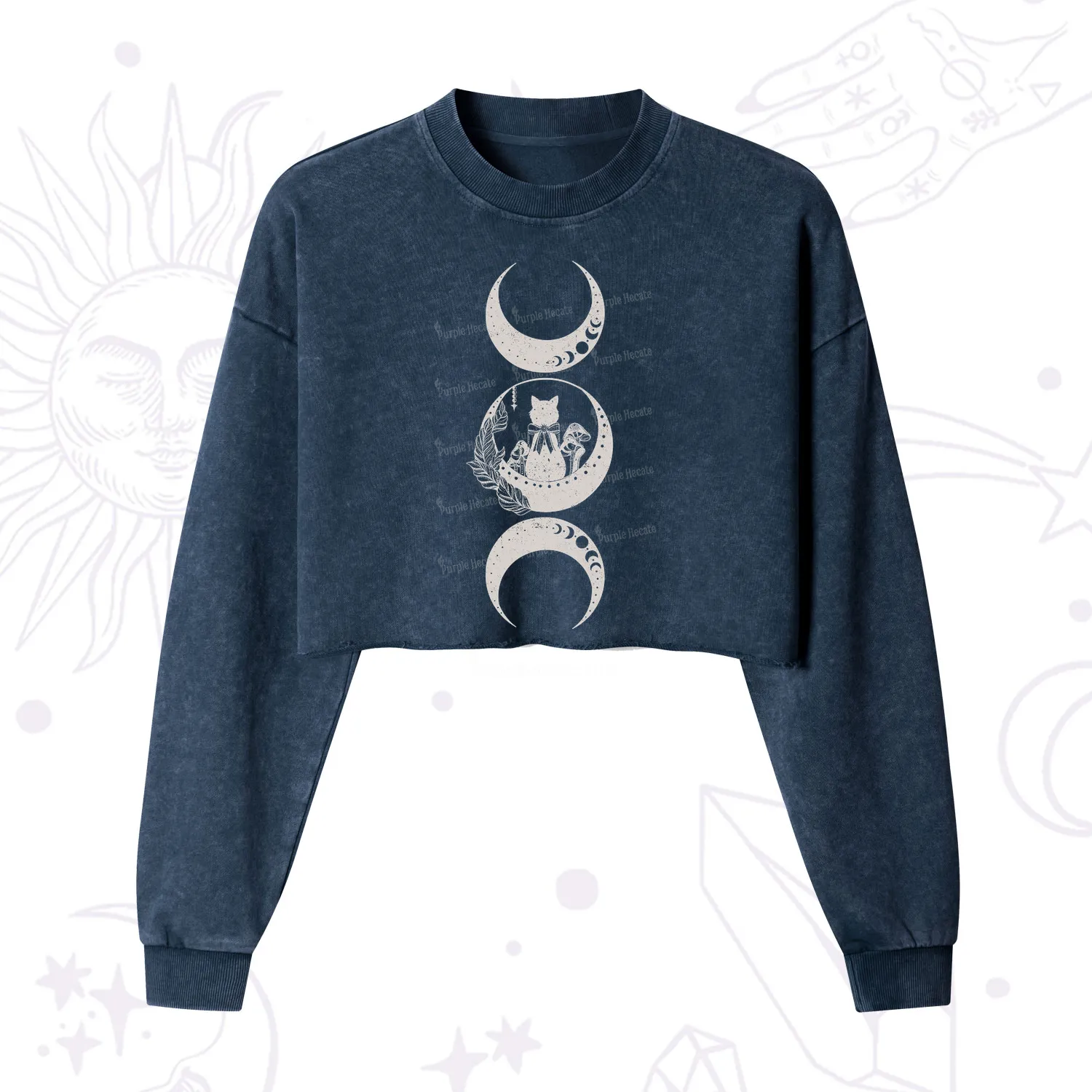 Purplehecate Cat And Moon Phases Cropped Washed Sweatshirt