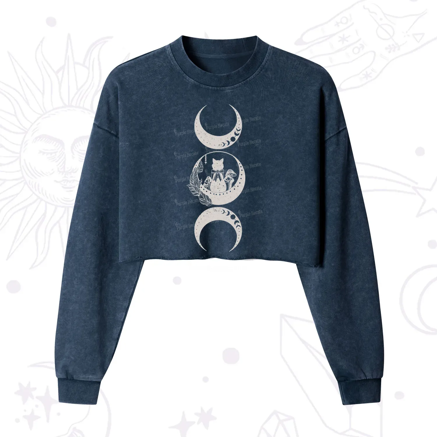 Purplehecate Cat And Moon Phases Cropped Washed Sweatshirt