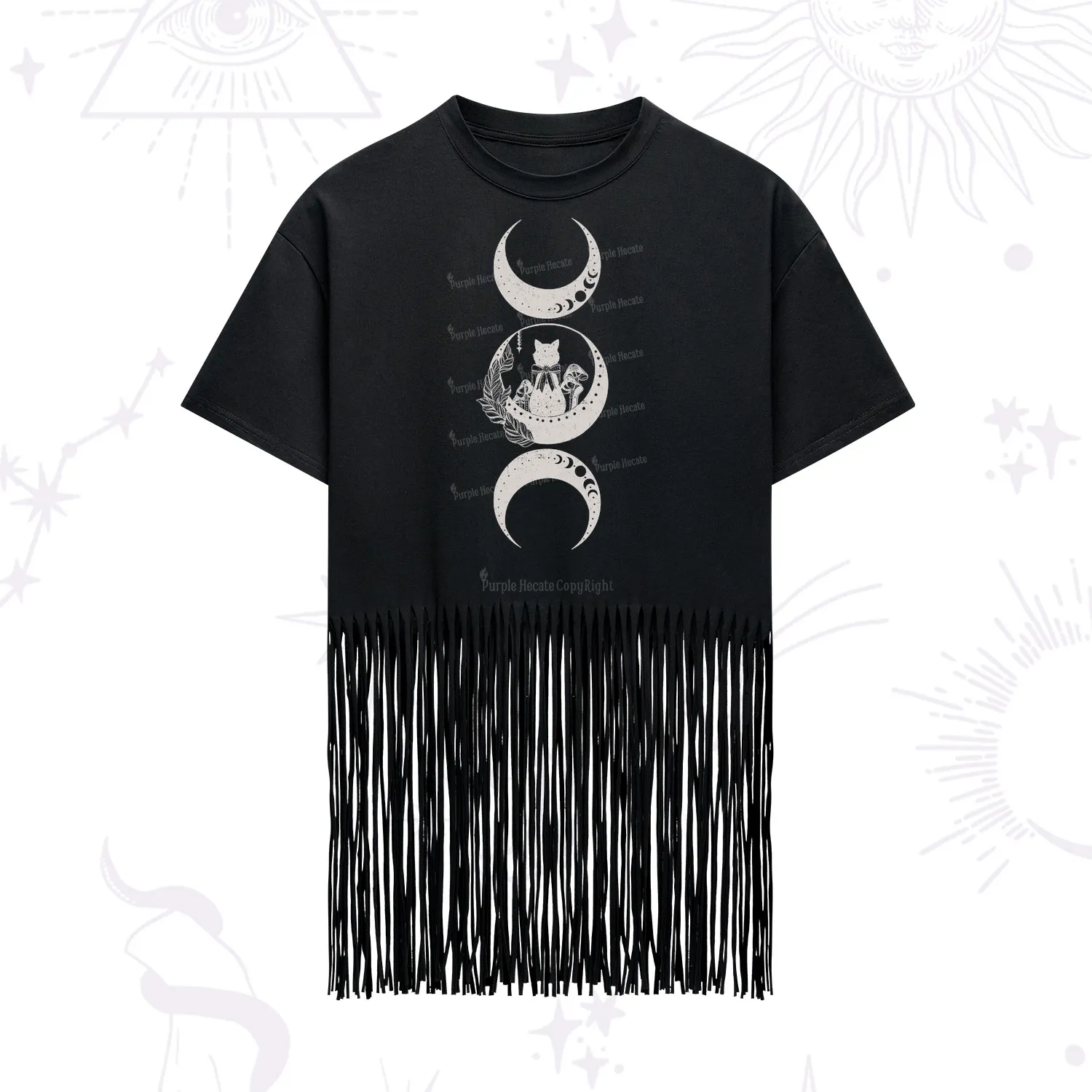 Purplehecate Cat And Moon Phases Fringe Hem T-Shirt