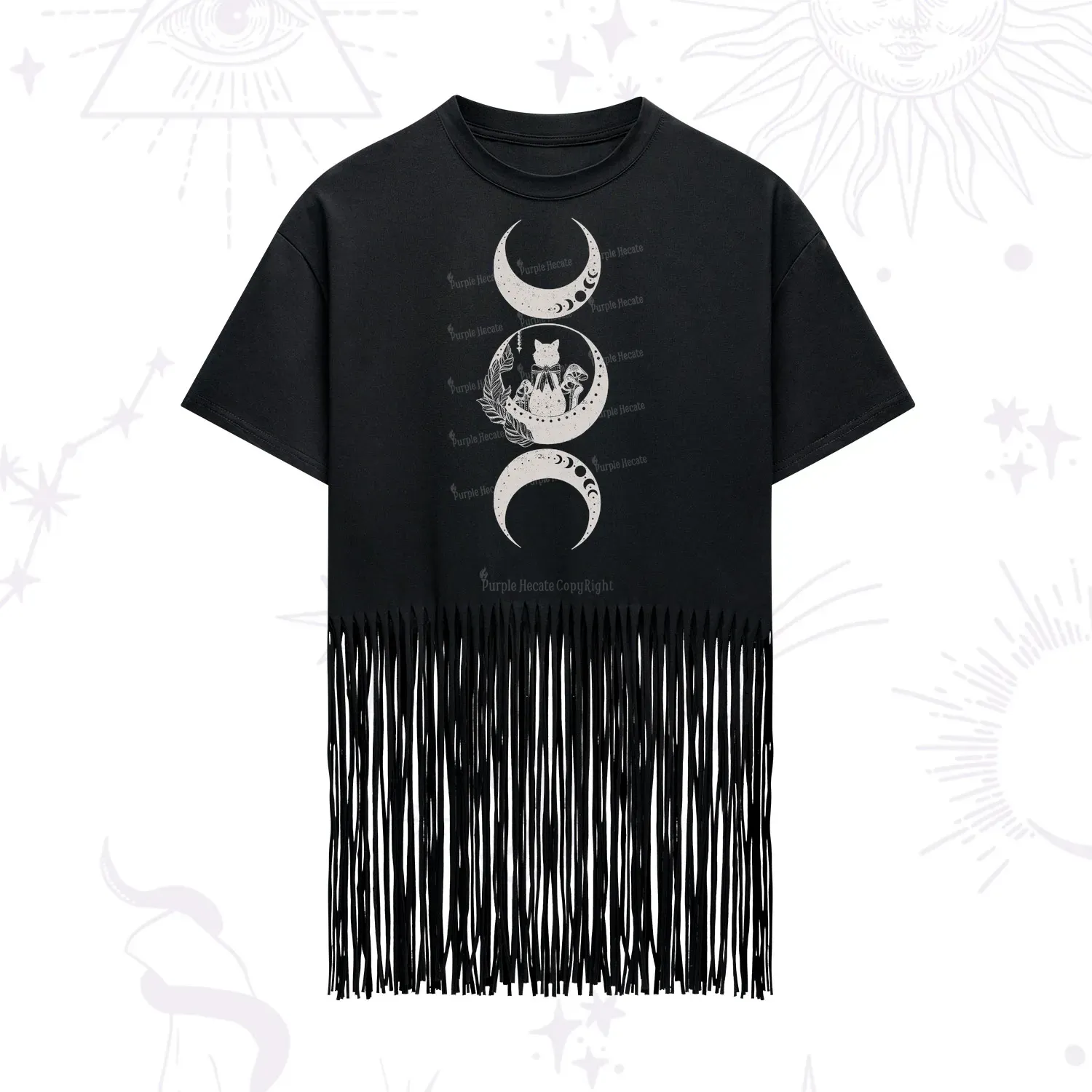 Purplehecate Cat And Moon Phases Fringe Hem T-Shirt