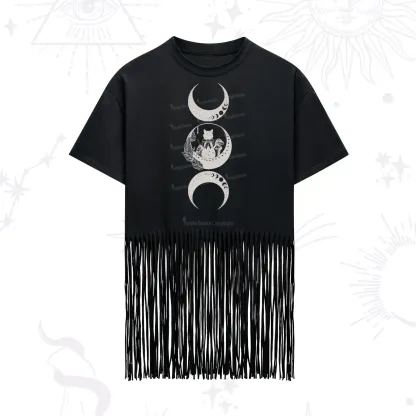 Purplehecate Cat And Moon Phases Fringe Hem T-Shirt