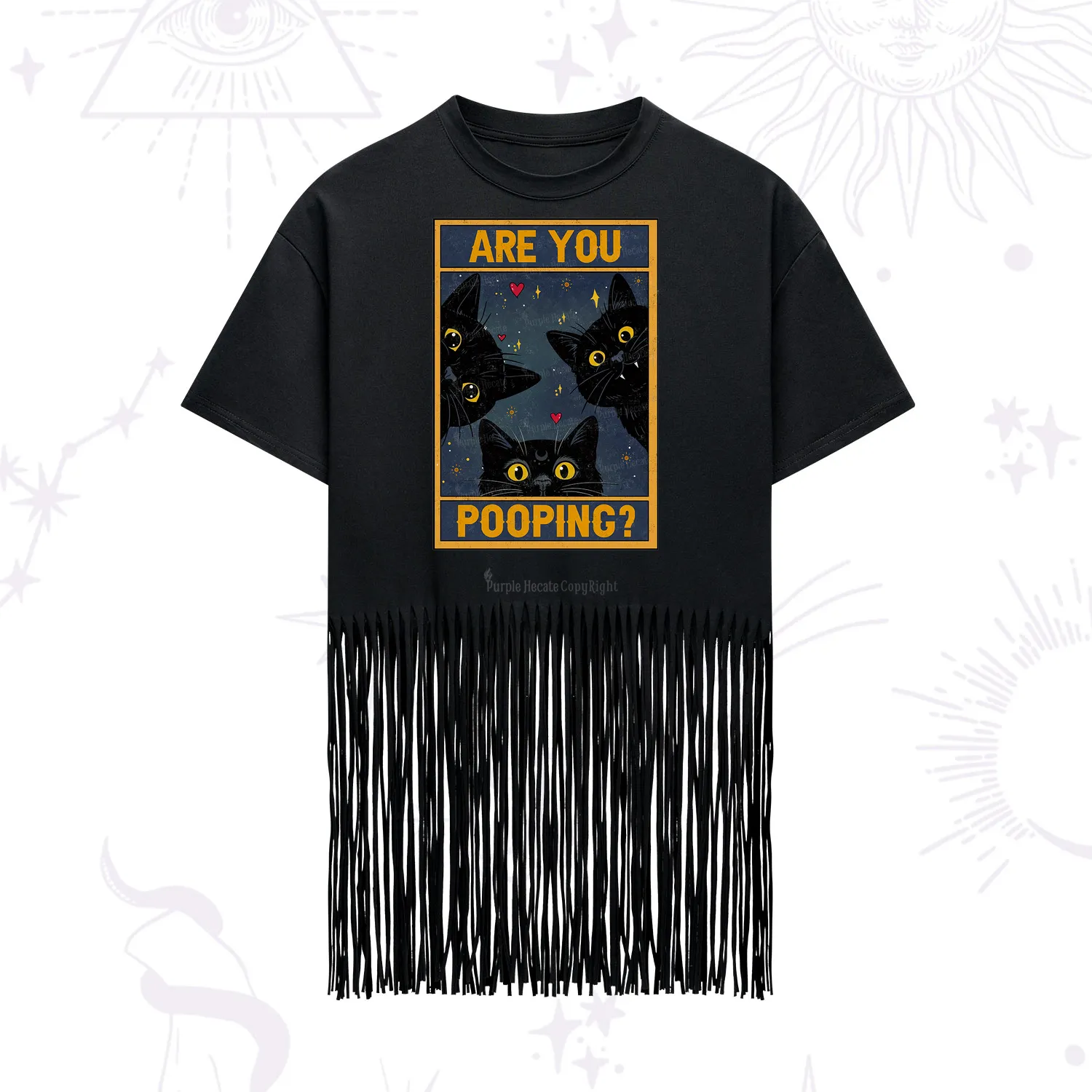 Purplehecate Funny Black Cat Are You Pooping Fringe Hem T-Shirt