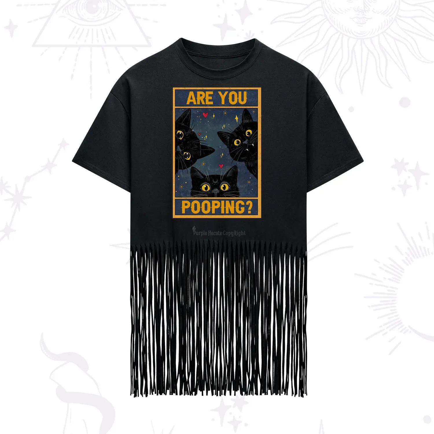 Purplehecate Funny Black Cat Are You Pooping Fringe Hem T-Shirt