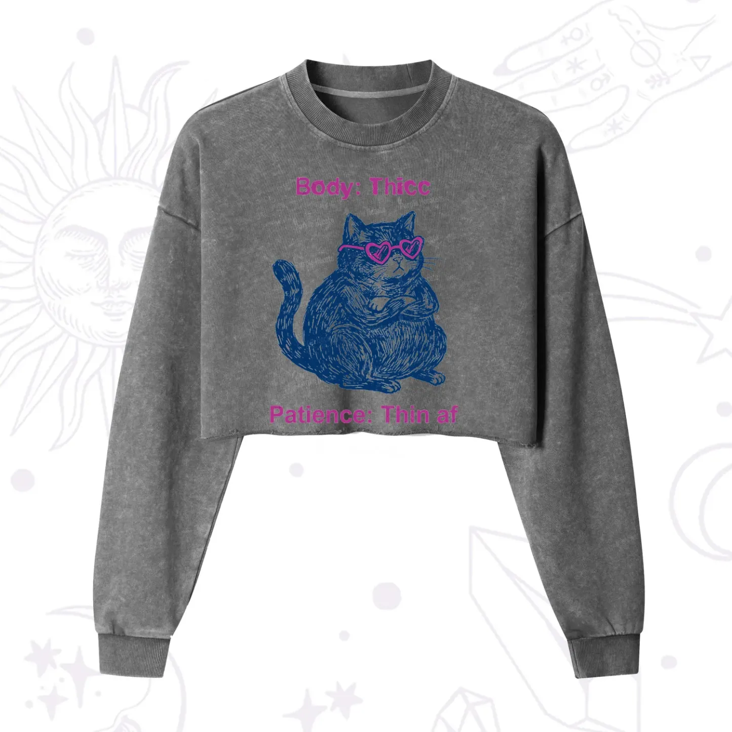 Purplehecate Body Thicc Patience Thin Af Cat Cropped Washed Sweatshirt