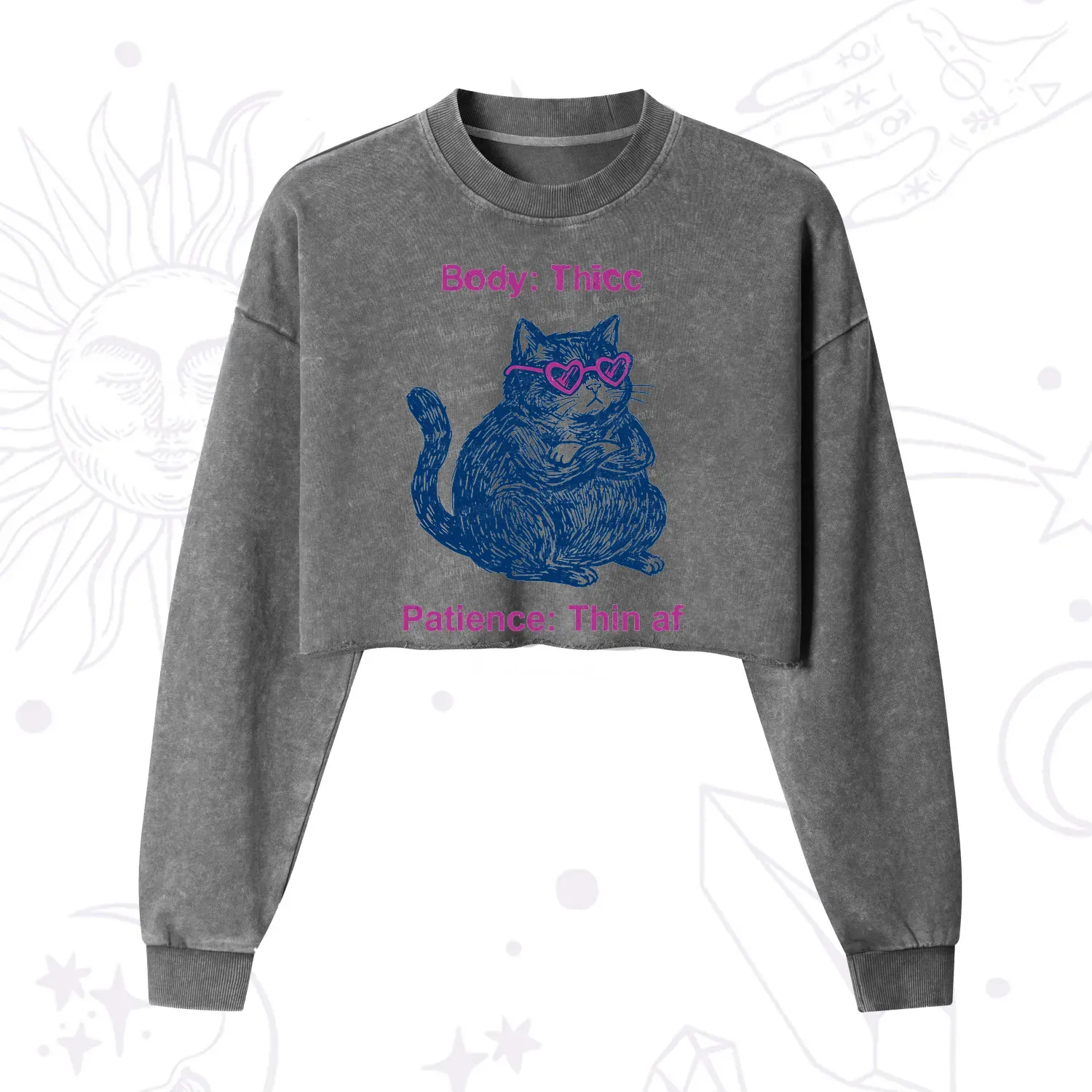 Purplehecate Body Thicc Patience Thin Af Cat Cropped Washed Sweatshirt