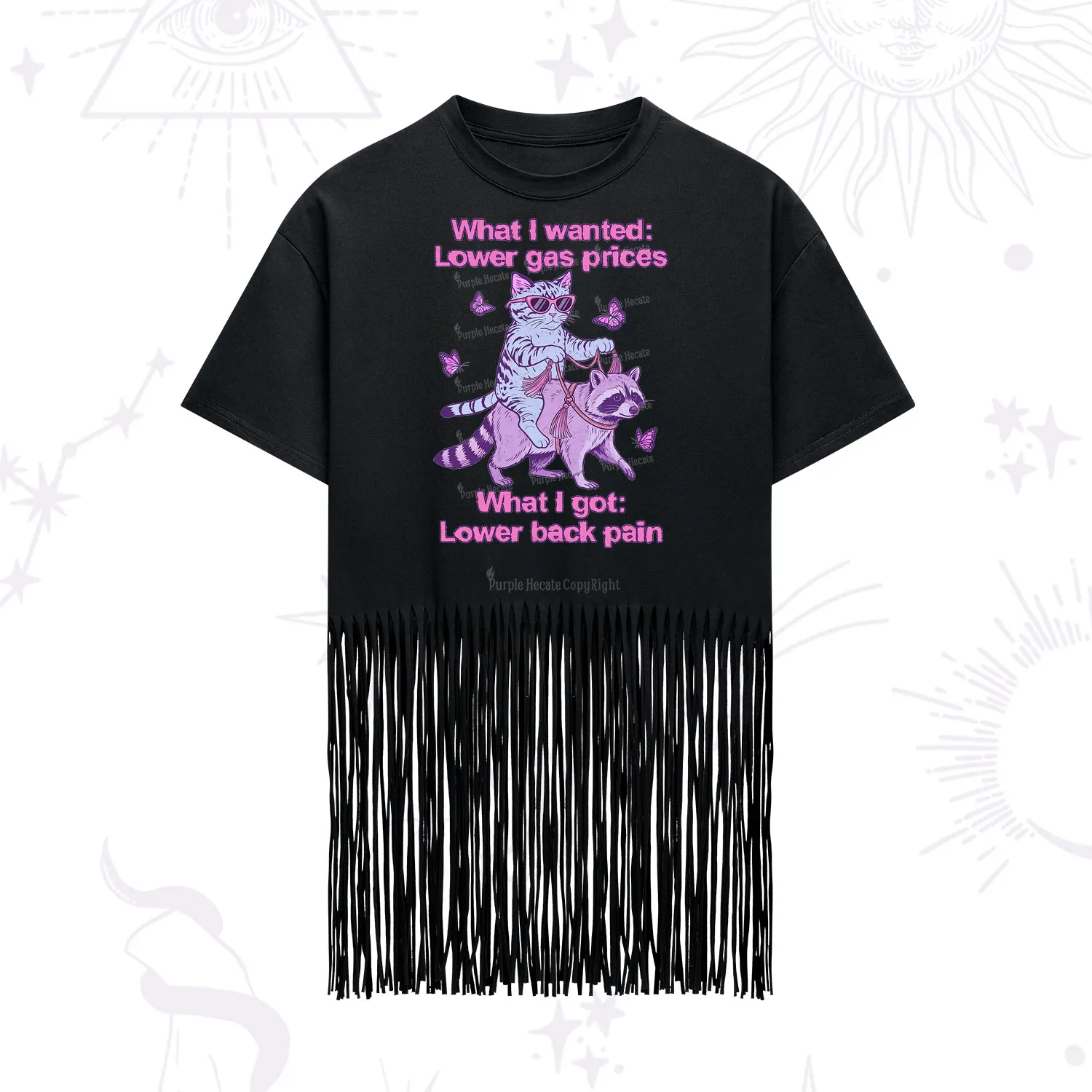 Purplehecate Lower Gas Prices Lower Back Pain Cat Fringe Hem T-Shirt