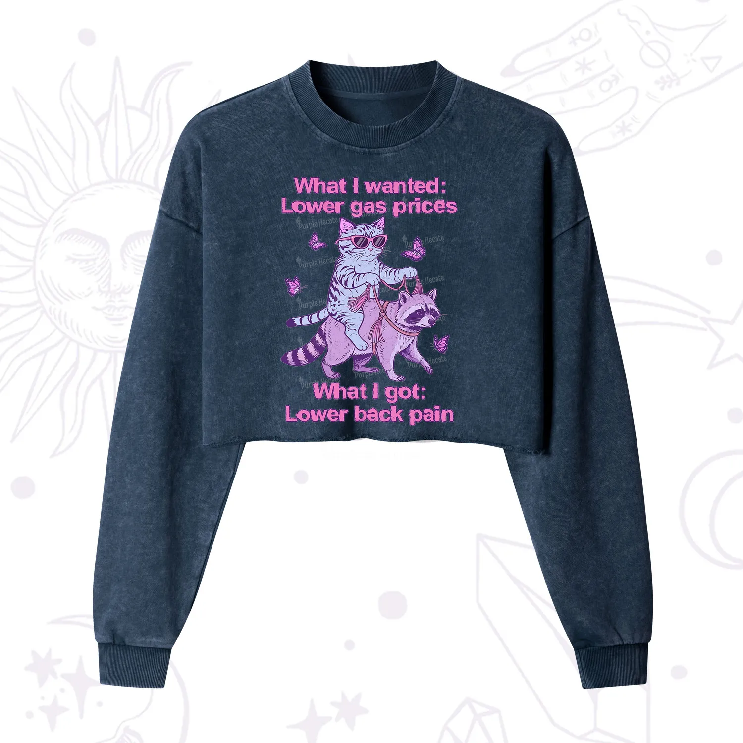 Purplehecate Lower Gas Prices Lower Back Pain Cat Cropped Washed Sweatshirt