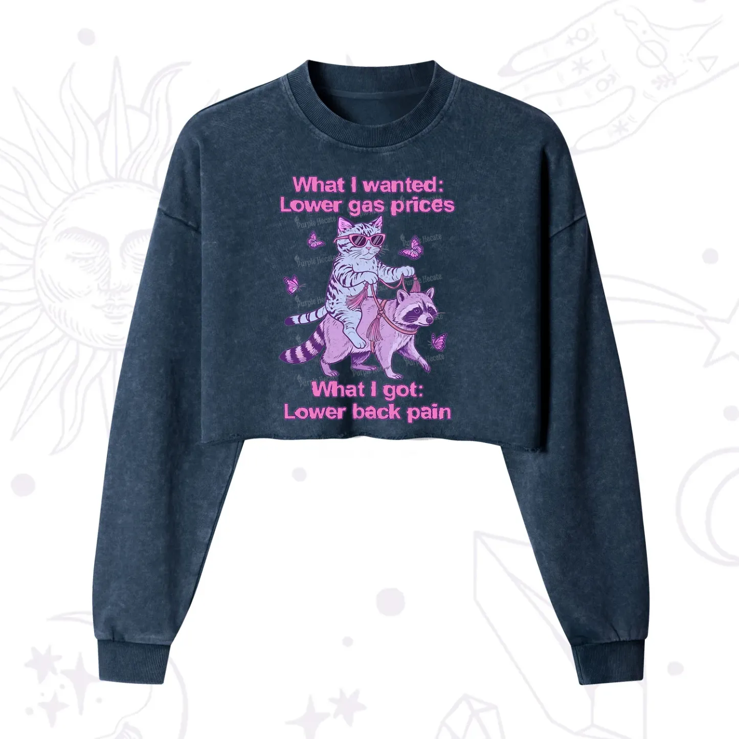 Purplehecate Lower Gas Prices Lower Back Pain Cat Cropped Washed Sweatshirt