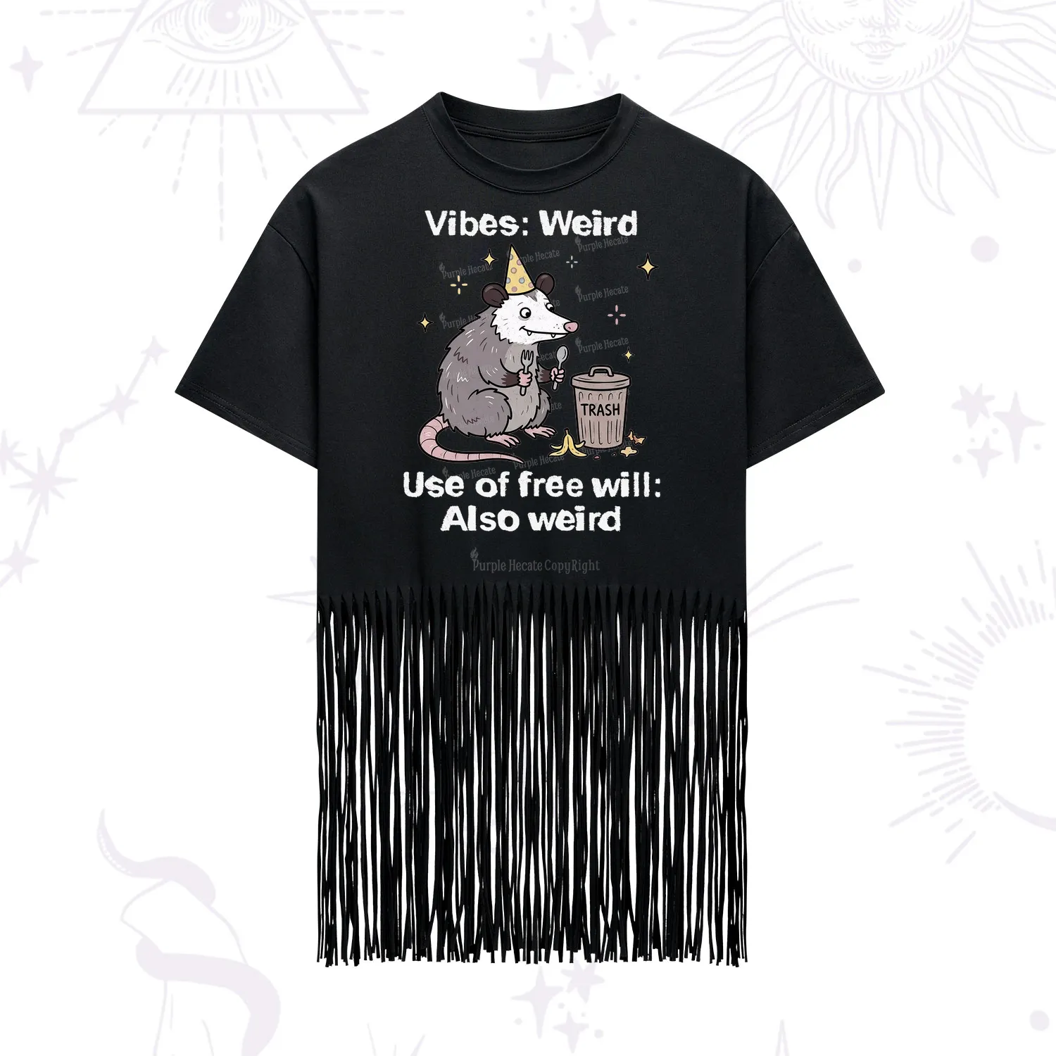 Purplehecate Weird Vibes Only Opossum Fringe Hem T-Shirt