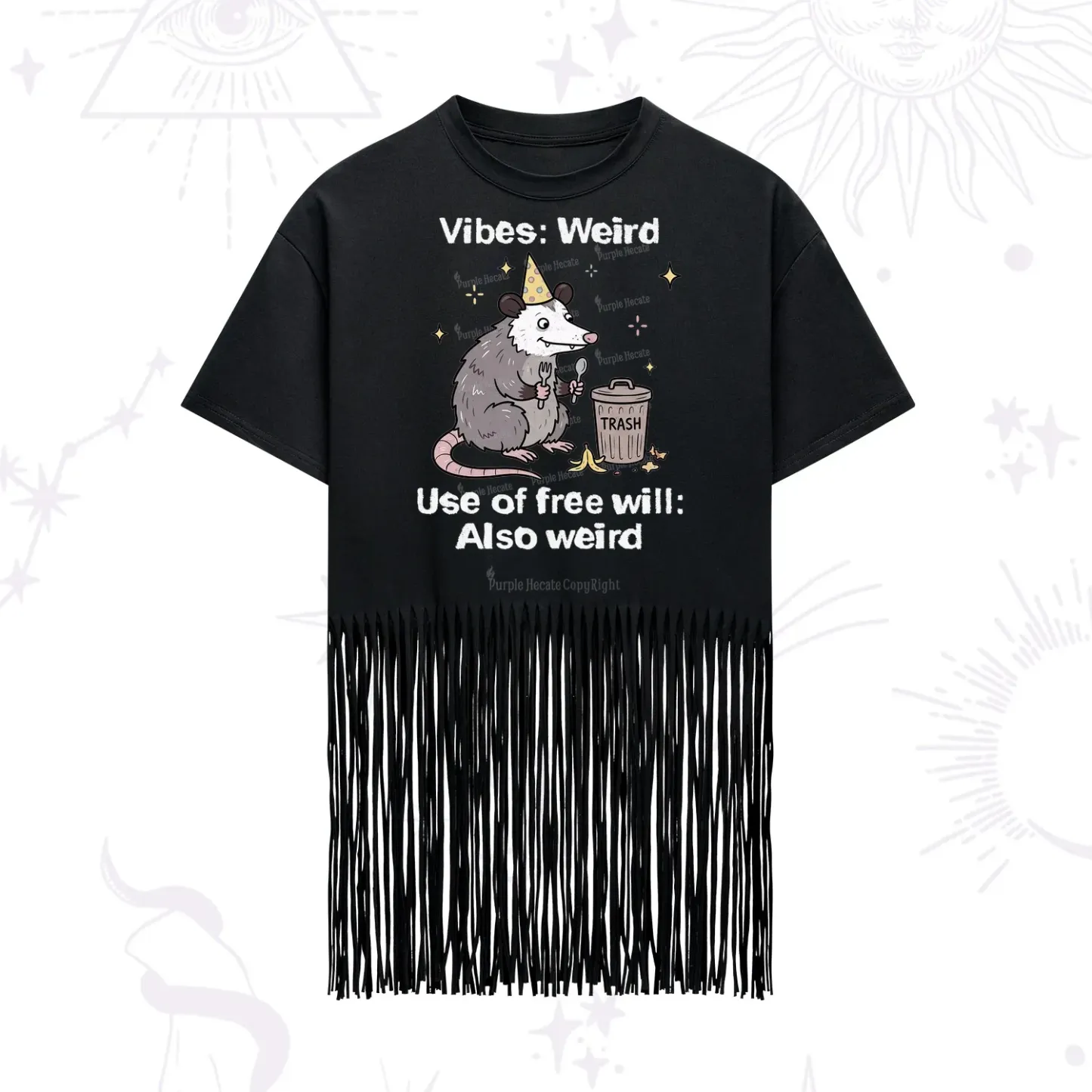 Purplehecate Weird Vibes Only Opossum Fringe Hem T-Shirt