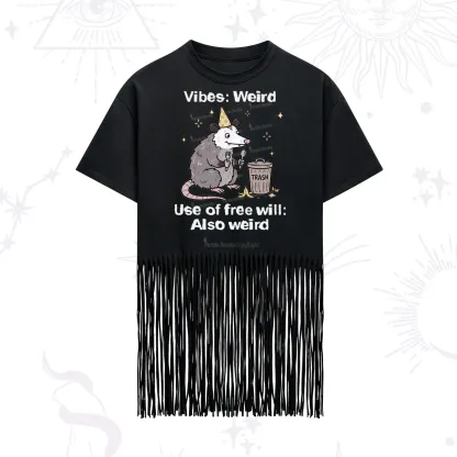 Purplehecate Weird Vibes Only Opossum Fringe Hem T-Shirt