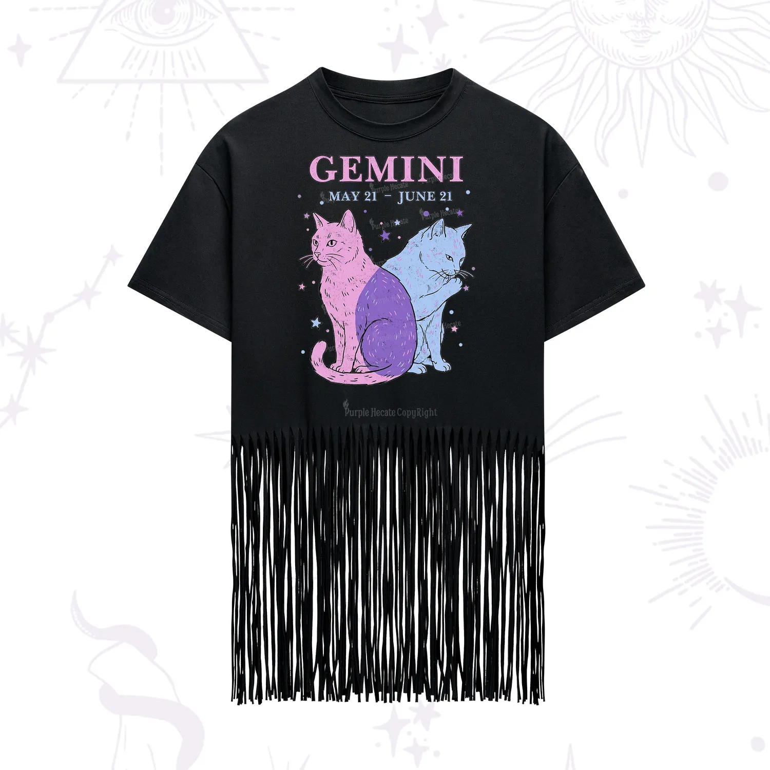 Purplehecate Gemini Zodiac Cats Fringe Hem T-Shirt
