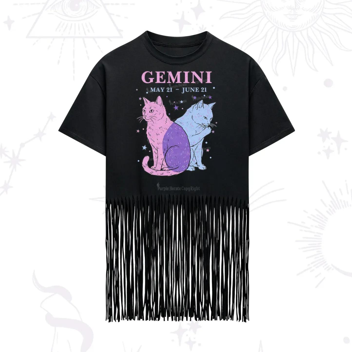 Purplehecate Gemini Zodiac Cats Fringe Hem T-Shirt