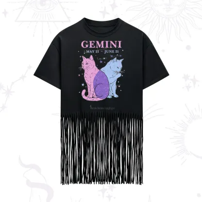 Purplehecate Gemini Zodiac Cats Fringe Hem T-Shirt