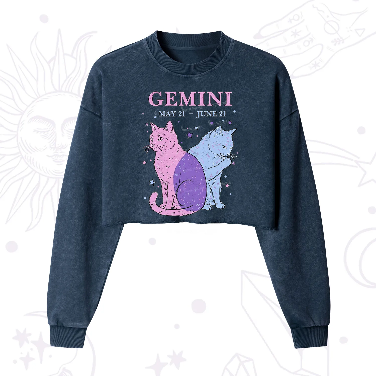 Purplehecate Gemini Zodiac Cats Cropped Washed Sweatshirt