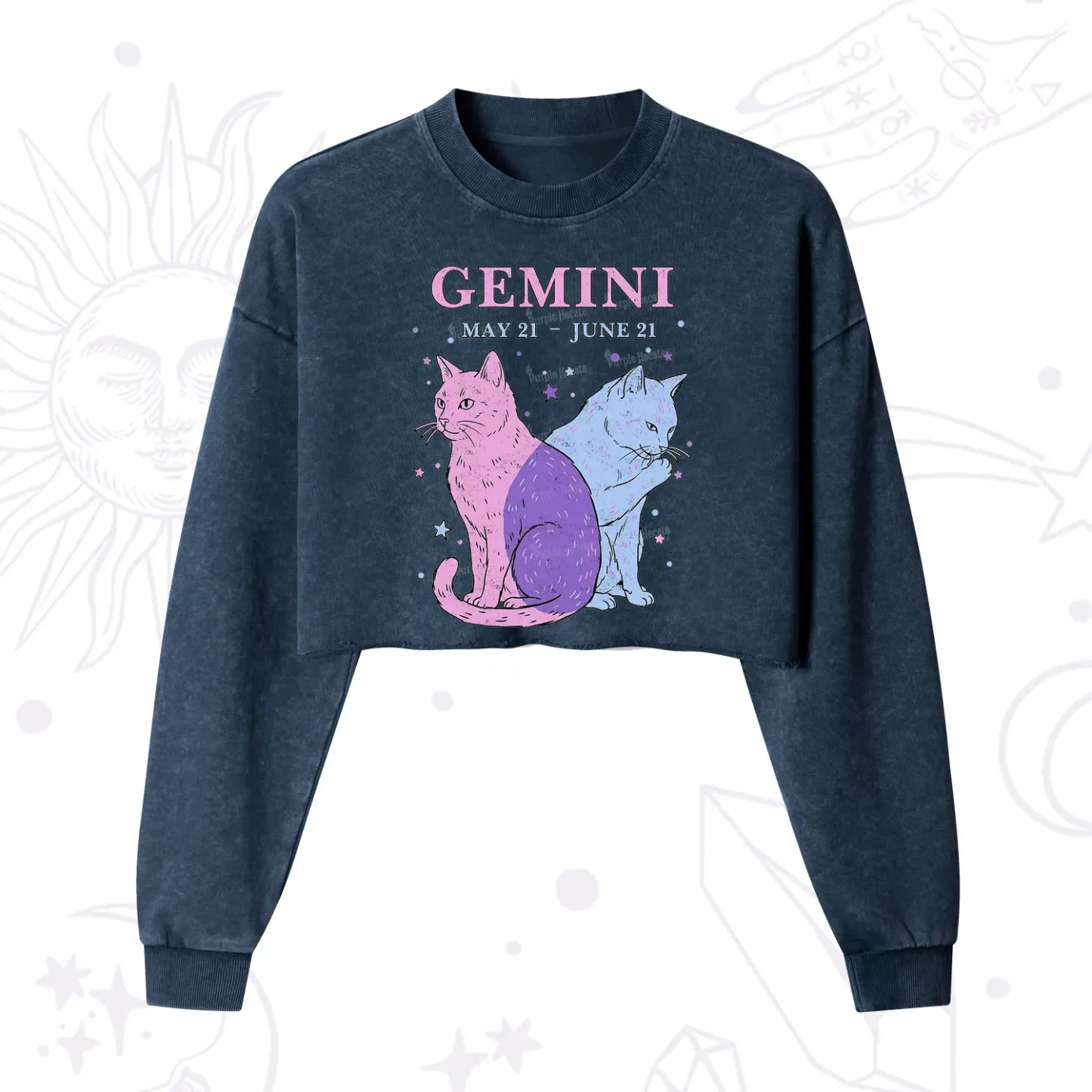 Purplehecate Gemini Zodiac Cats Cropped Washed Sweatshirt