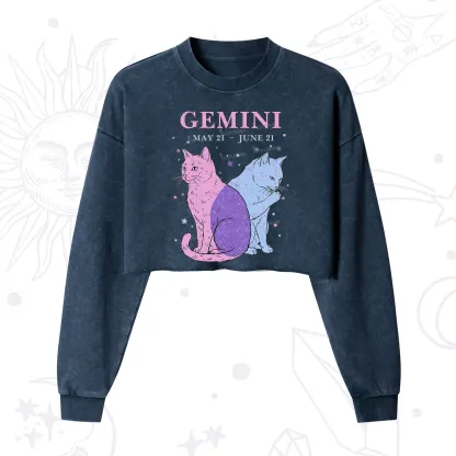 Purplehecate Gemini Zodiac Cats Cropped Washed Sweatshirt