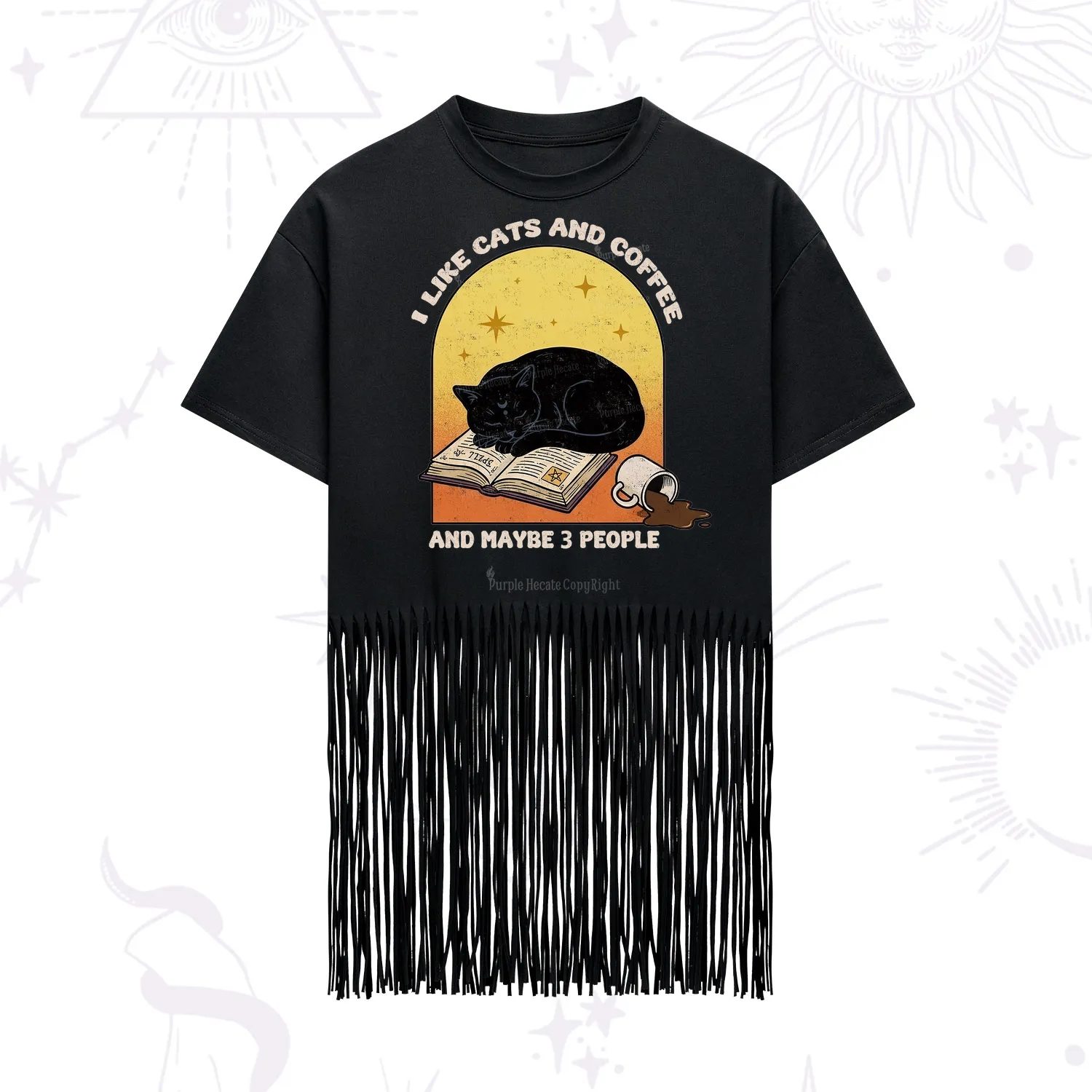 Purplehecate I Like Cats And Coffee Fringe Hem T-Shirt