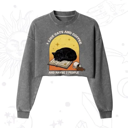 Purplehecate I Like Cats And Coffee Cropped Washed Sweatshirt