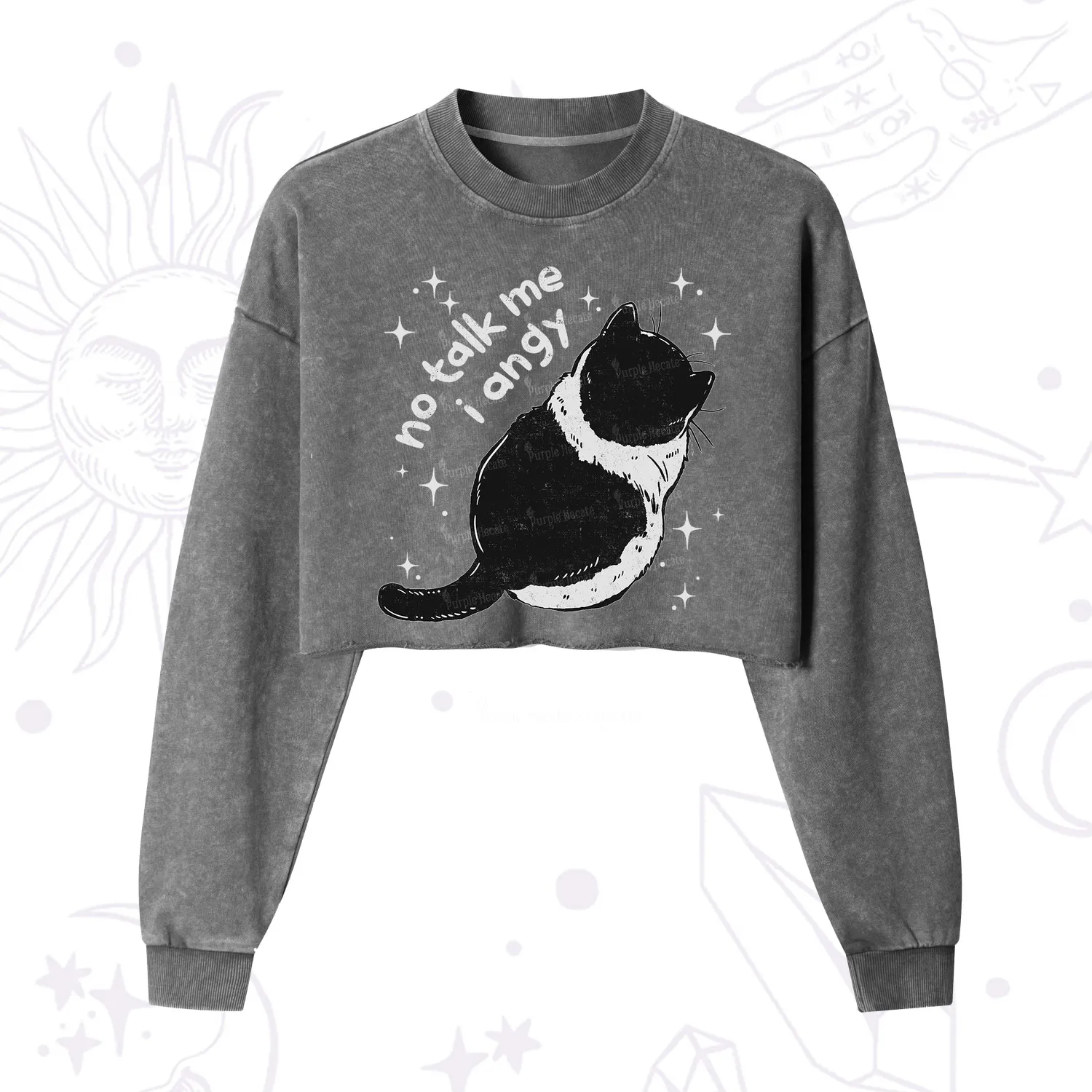 Purplehecate No Talk Me Im Angy Cat Cropped Washed Sweatshirt