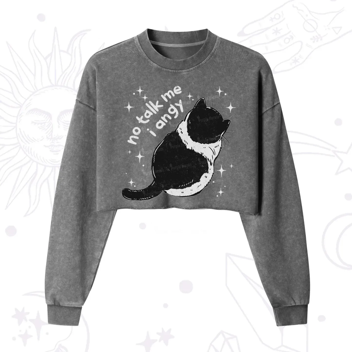 Purplehecate No Talk Me Im Angy Cat Cropped Washed Sweatshirt