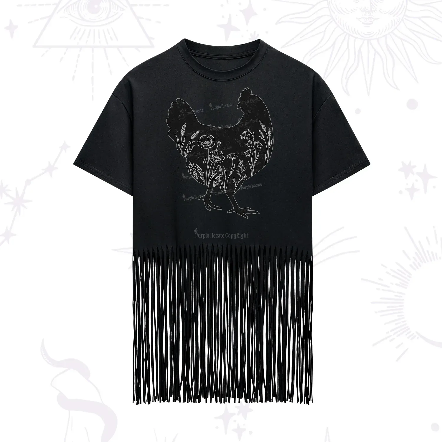 Purplehecate Floral Chicken Fringe Hem T-Shirt
