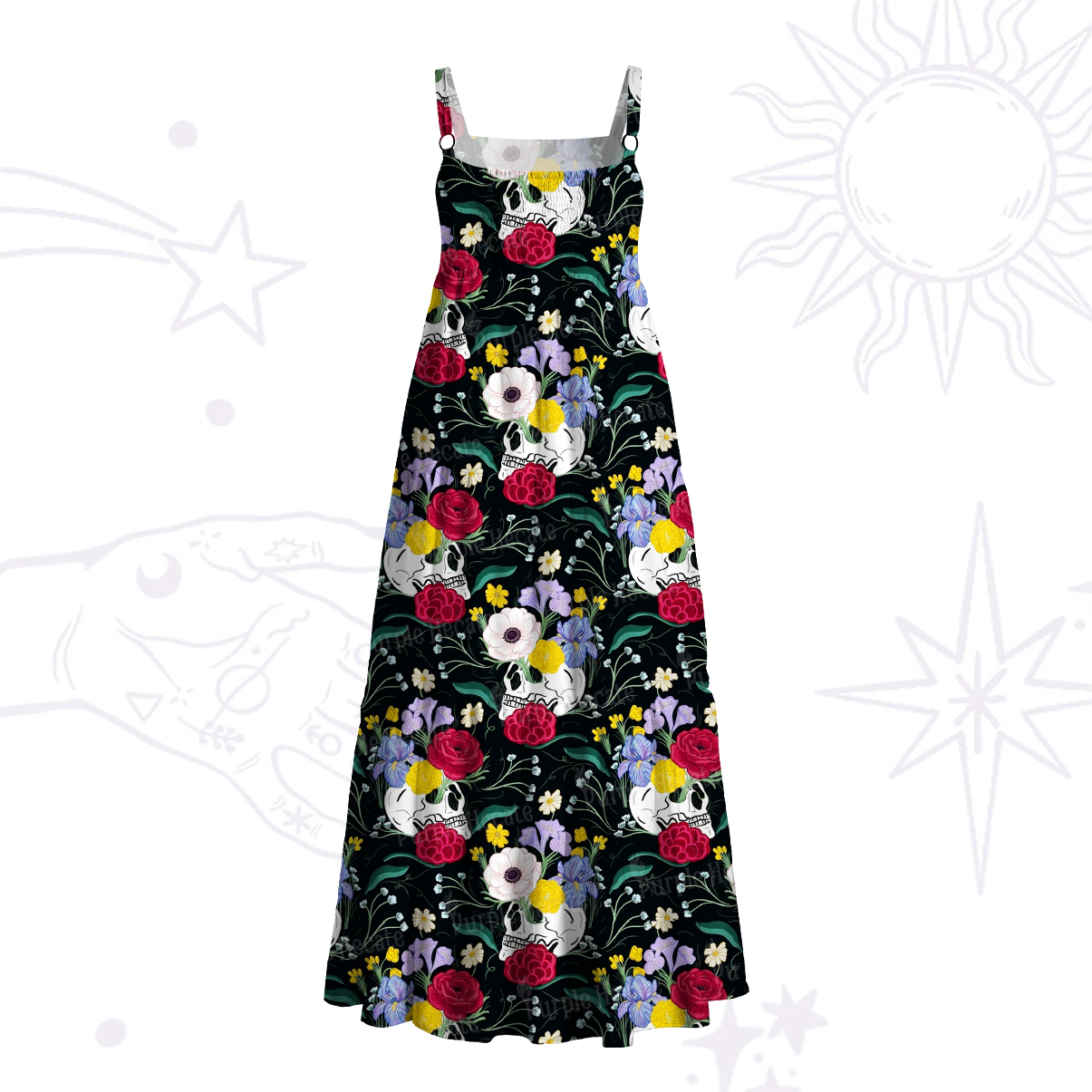 Purplehecate Sugar Skull Swing Wide Straps Maxi Dress