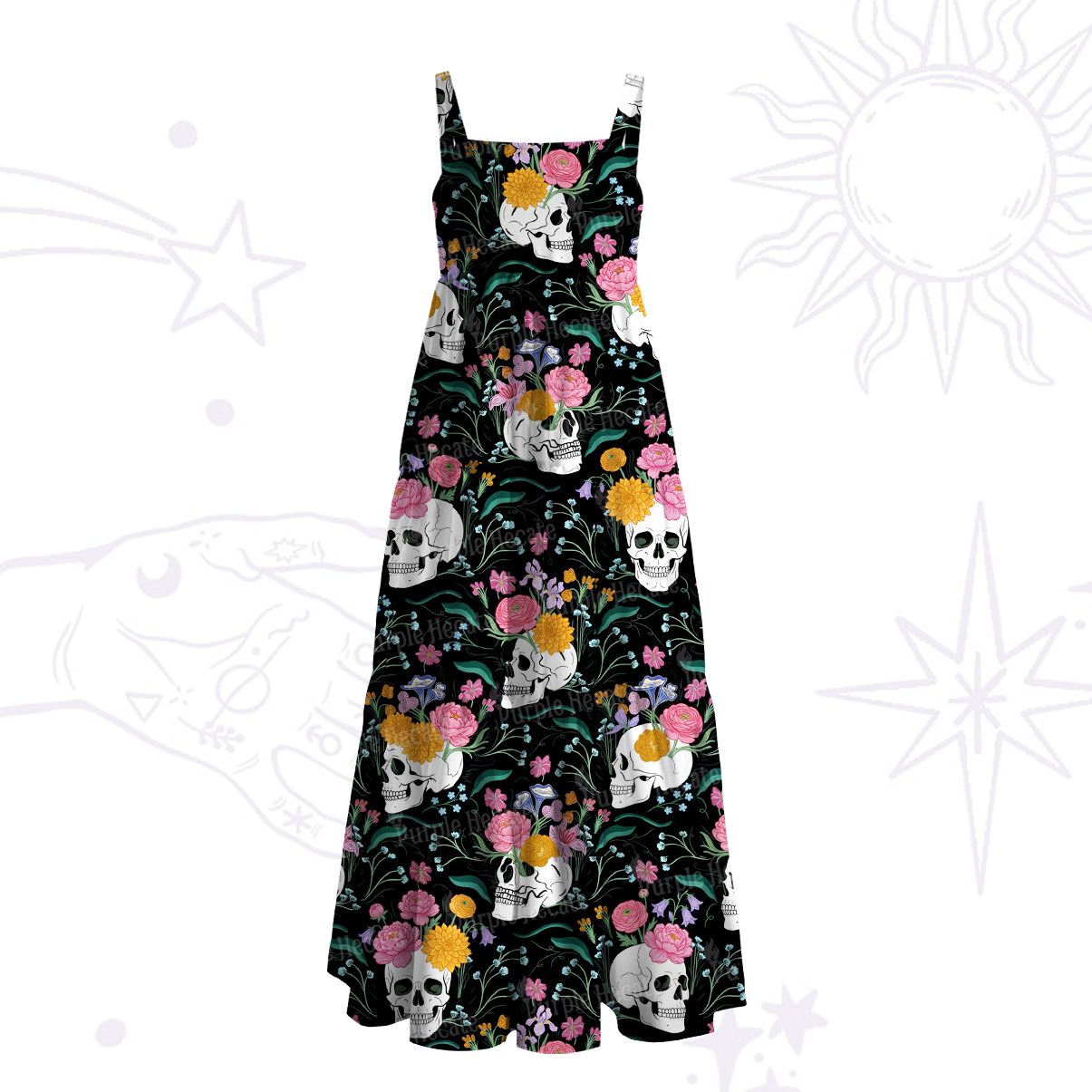 Purplehecate Sugar Skull Swing Wide Straps Maxi Dress
