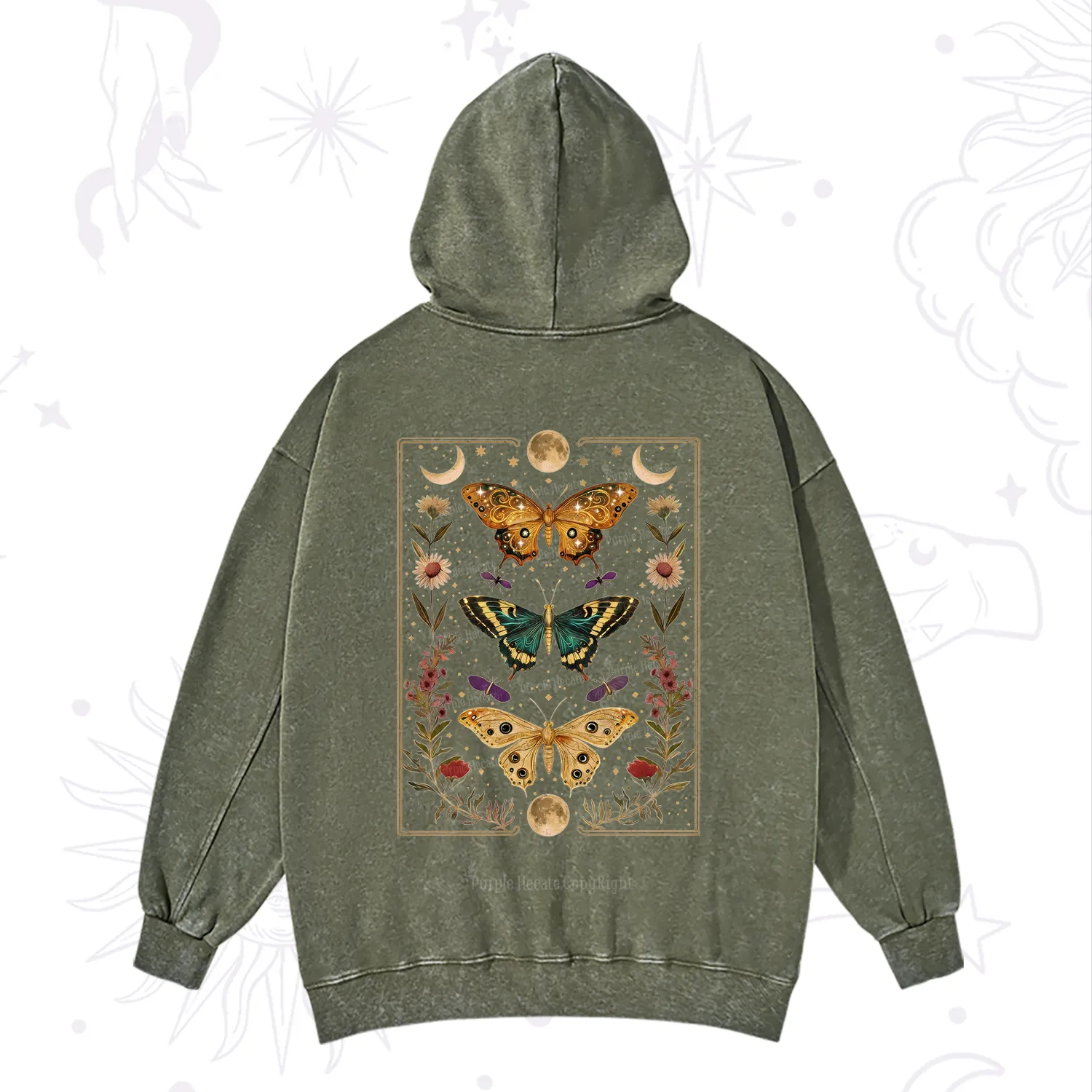 Purplehecate Sun and Moon Butterfly Washed Hoodie