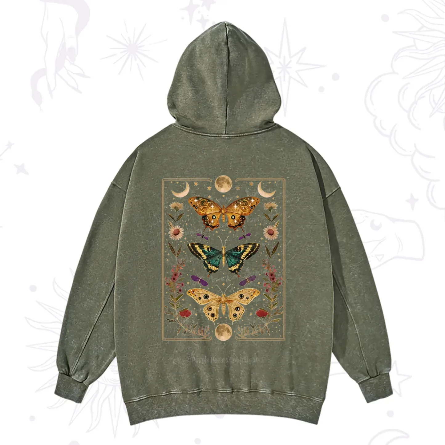 Purplehecate Sun and Moon Butterfly Washed Hoodie