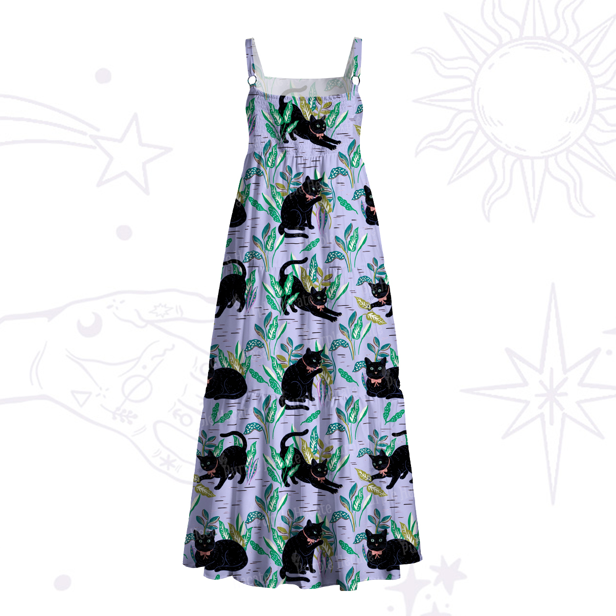 Purplehecate Enchanted Forest Black Cat Wide Straps Maxi Dress