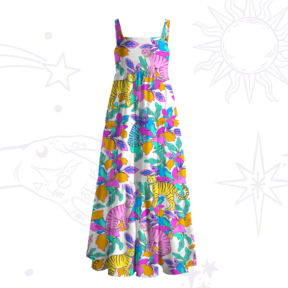 Purplehecate Colorful Cats Jungle Garden Wide Straps Maxi Dress