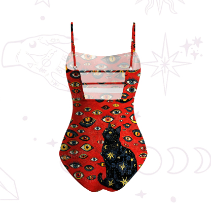 Purplehecate Cosmic Watcher Cat Slim-Strap Swimsuit