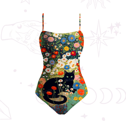 Purplehecate Vintage The Cat in Bloom Slim-Strap Swimsuit