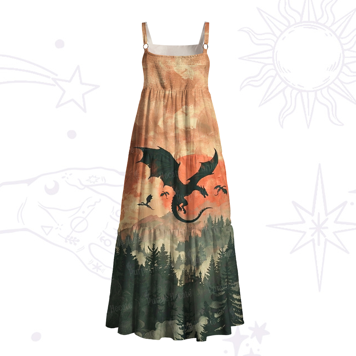 Purplehecate Mystic Sunset Forest Dragon Wide Straps Maxi Dress