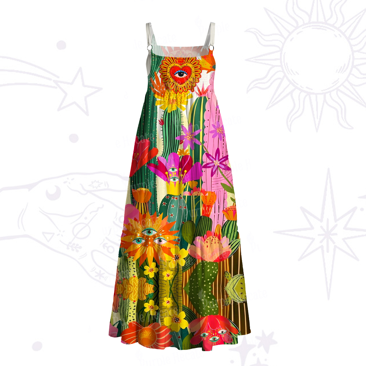Purplehecate Sacred Heart Cactus Bloom Wide Straps Maxi Dress