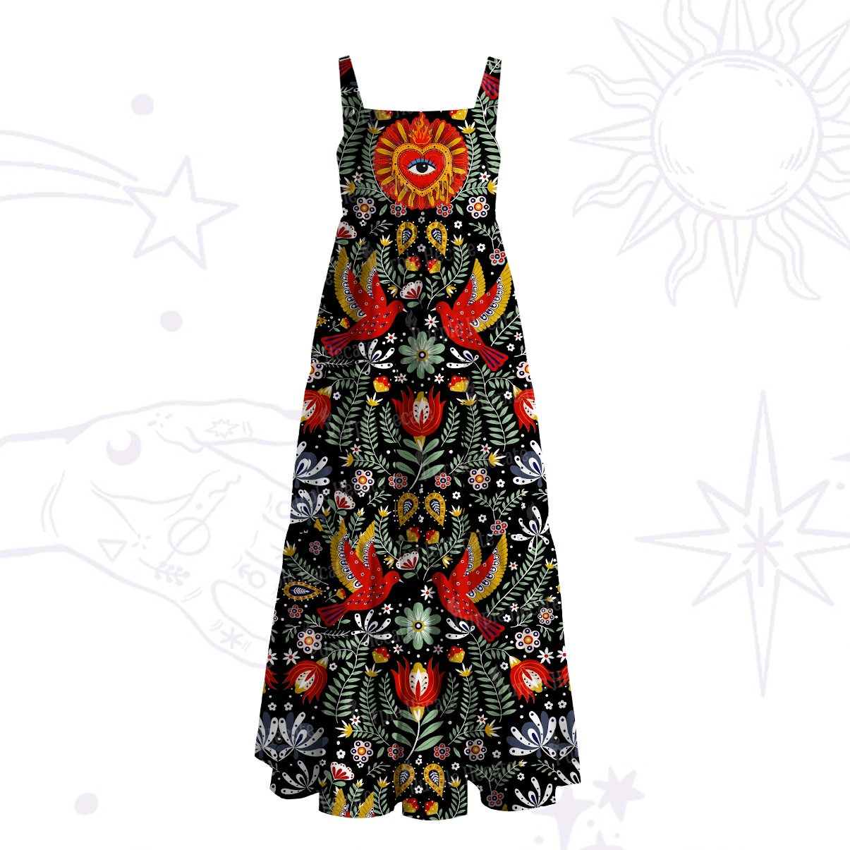 Purplehecate Sacred Sunbird Garden Wide Straps Maxi Dress