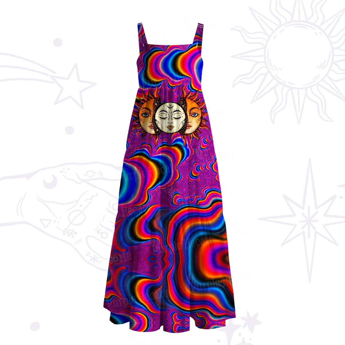 Purplehecate Psychedelic Sun and Moon Wide Straps Maxi Dress