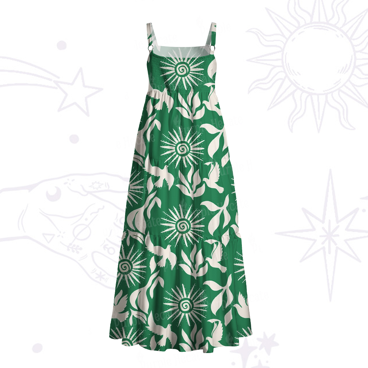 Purplehecate Mystic Sunbirds Wide Straps Maxi Dress