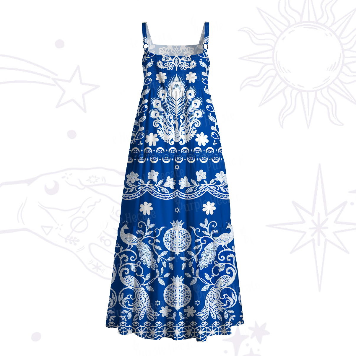 Purplehecate Mystic Peacock Garden Totem Strappy Wide Straps Maxi Dress